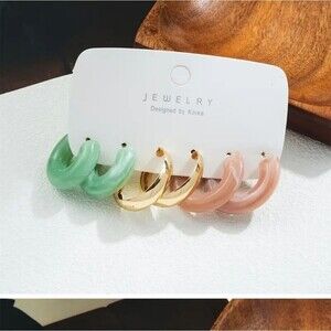 Chunky hoop earrings bundle set of 3 pairs green gold pink earings